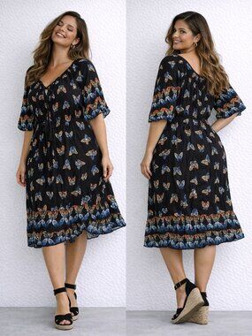 Evans Flowy Butterfly Print Midi Dress – Size 22/24 – Crinkle Texture – New!